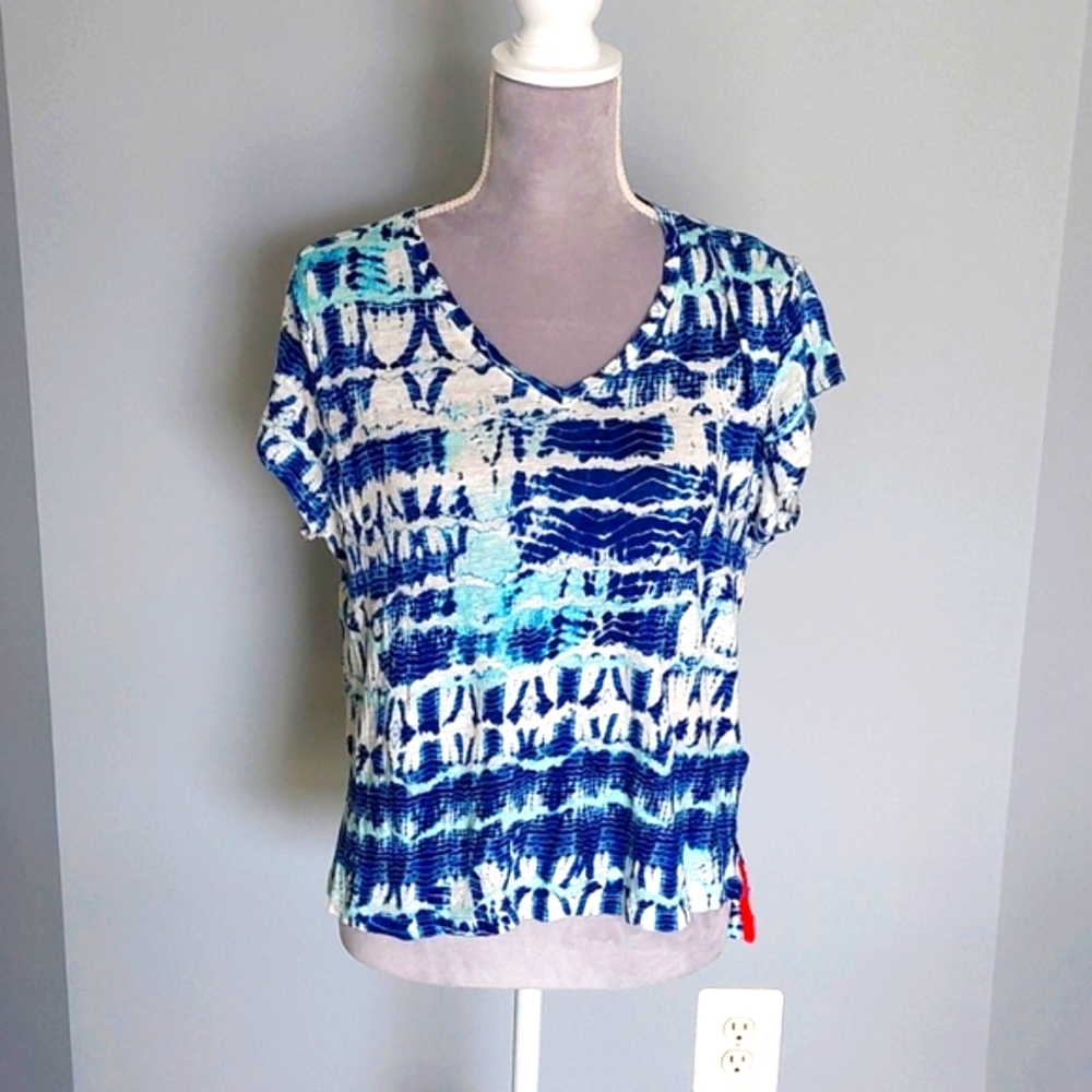 Nicole Miller blue batik print linen knit top, XL